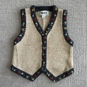 Vintage Marie Y. Floral Knit Vest Wool Blend Size Small Tan Navy Cottagecore
